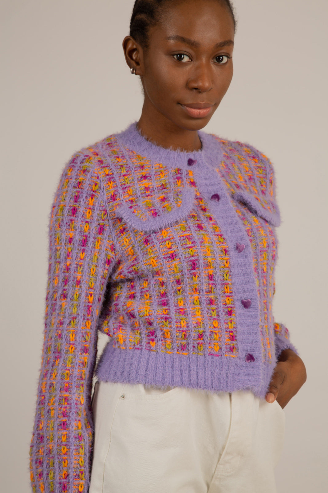 Purple textured heart button cardigan_8