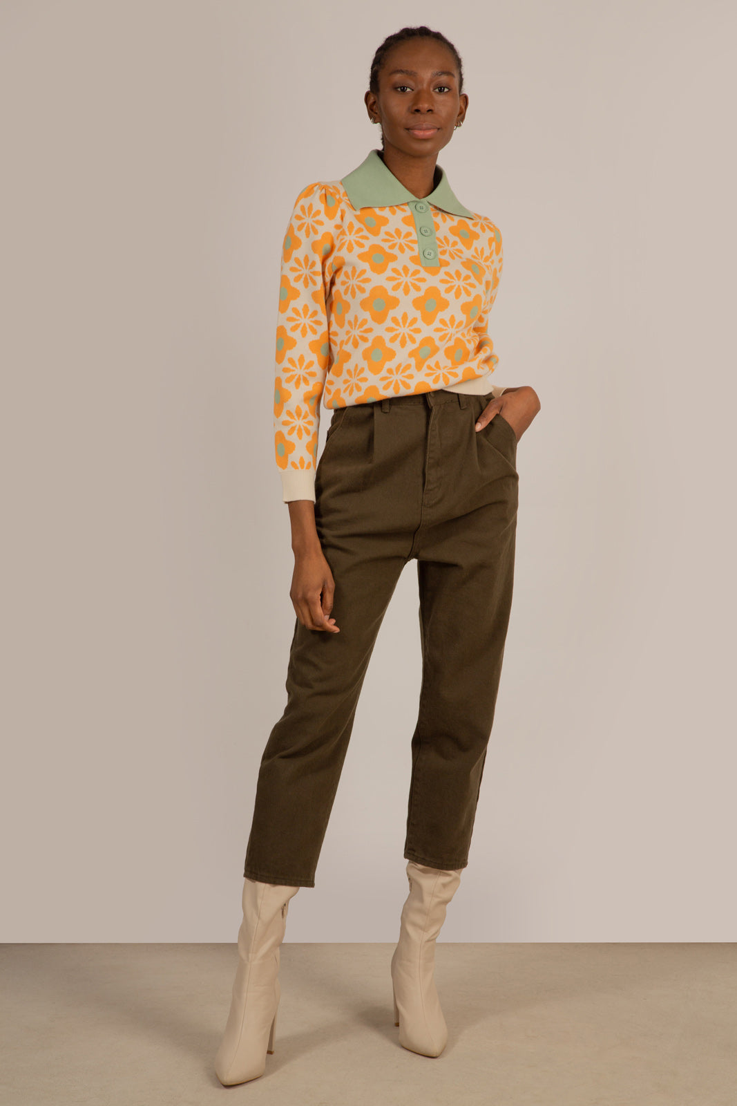 Cream and orange intarsia floral mint collar jumper_2