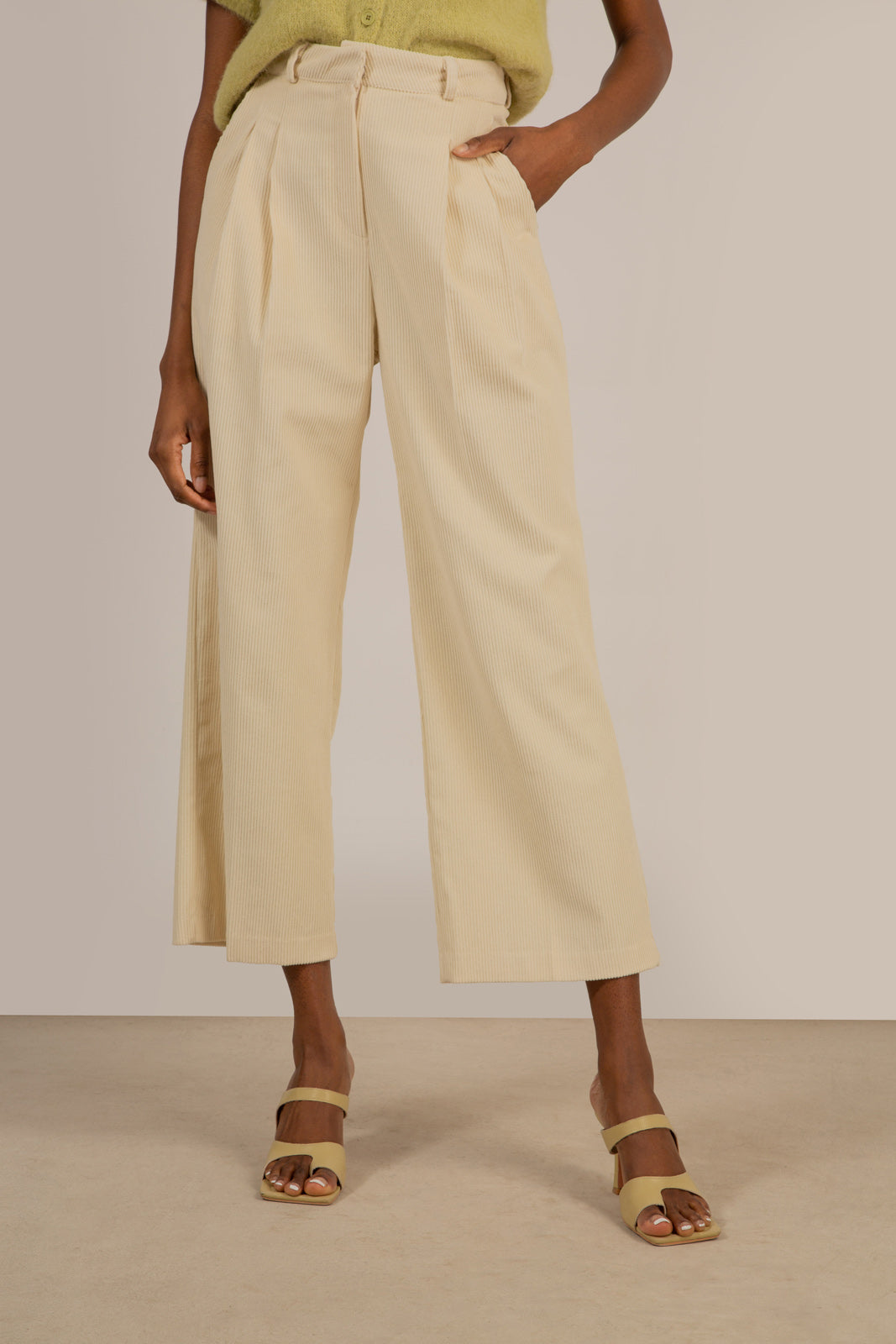 Ivory corduroy tucked trousers_1