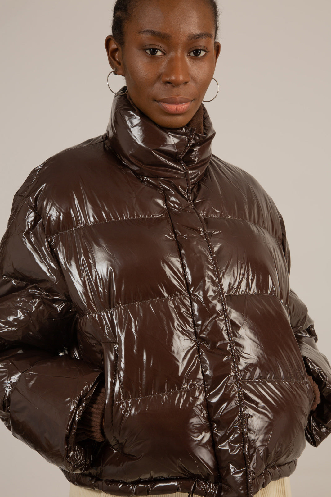 Brown high shine down puffer jacket_4