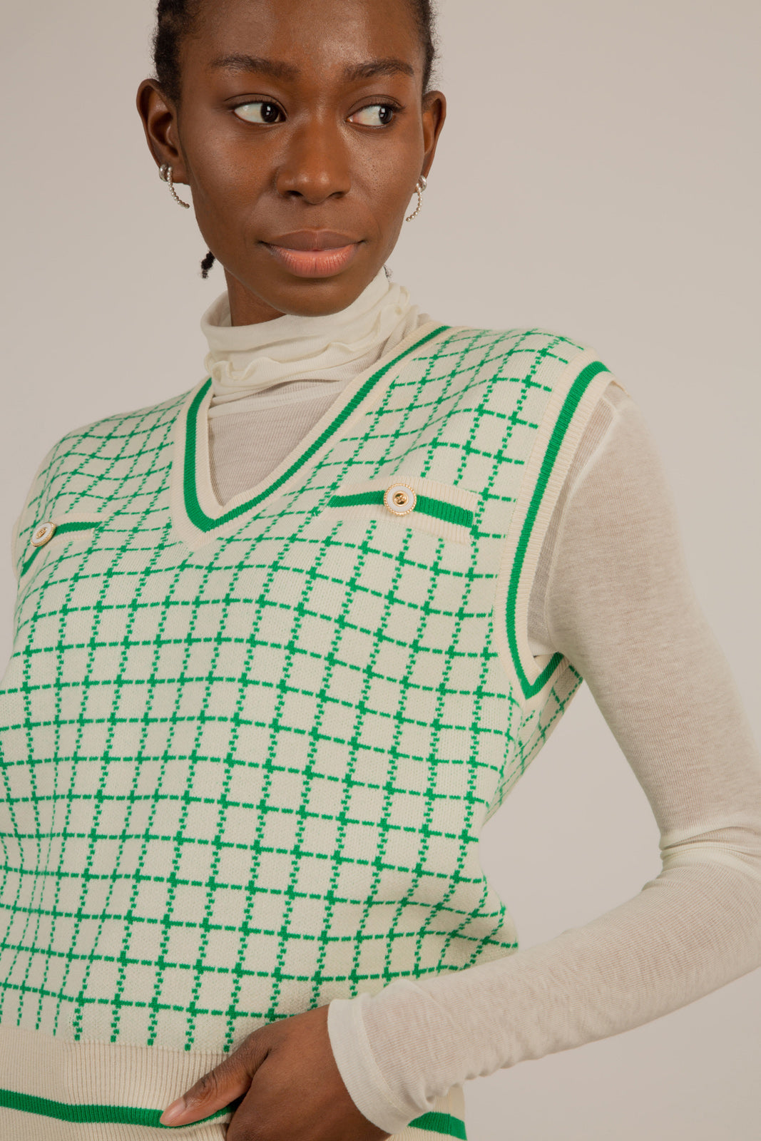 Ivory and green box check sweater vest_3