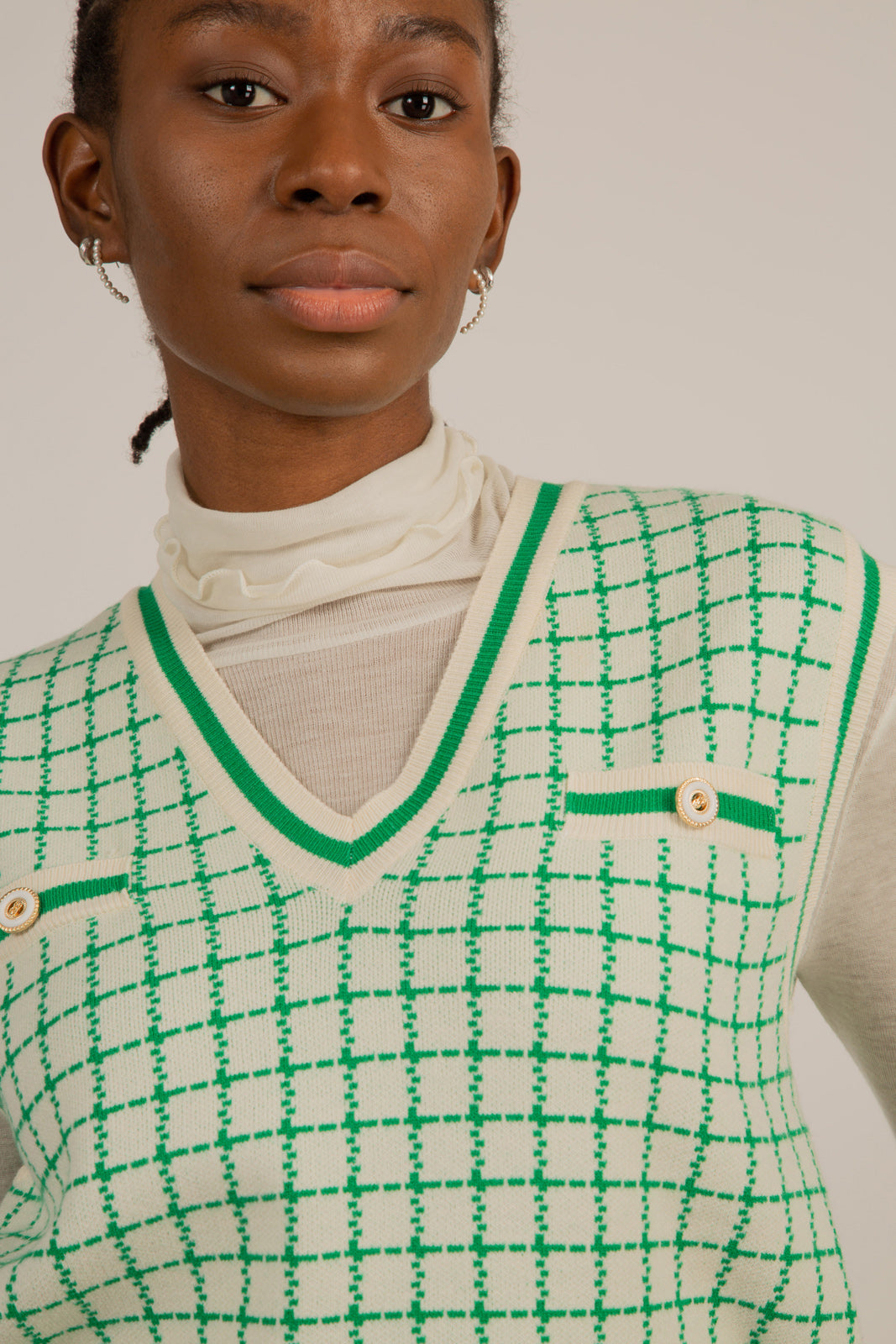 Ivory and green box check sweater vest_10