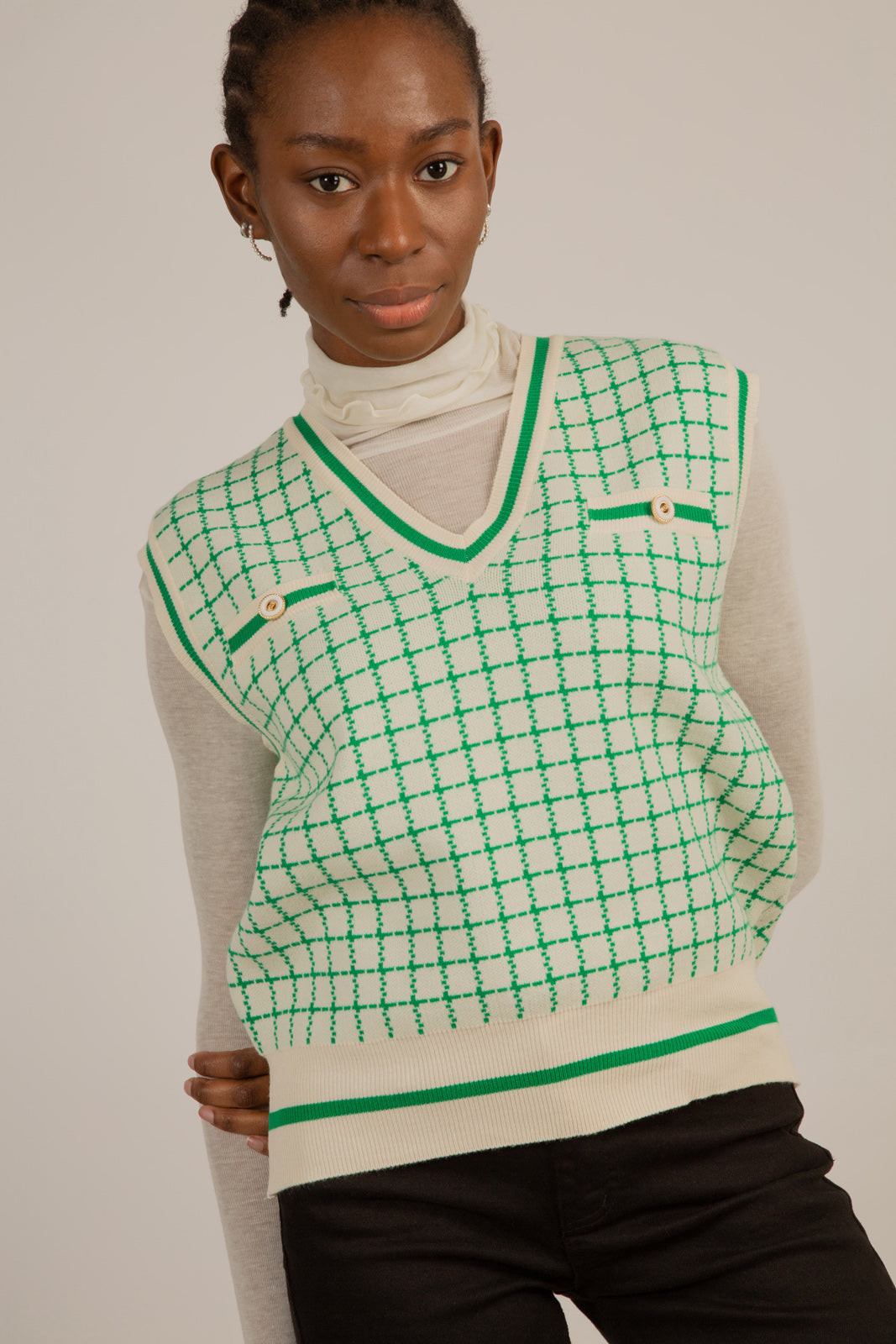 Ivory and green box check sweater vest_9