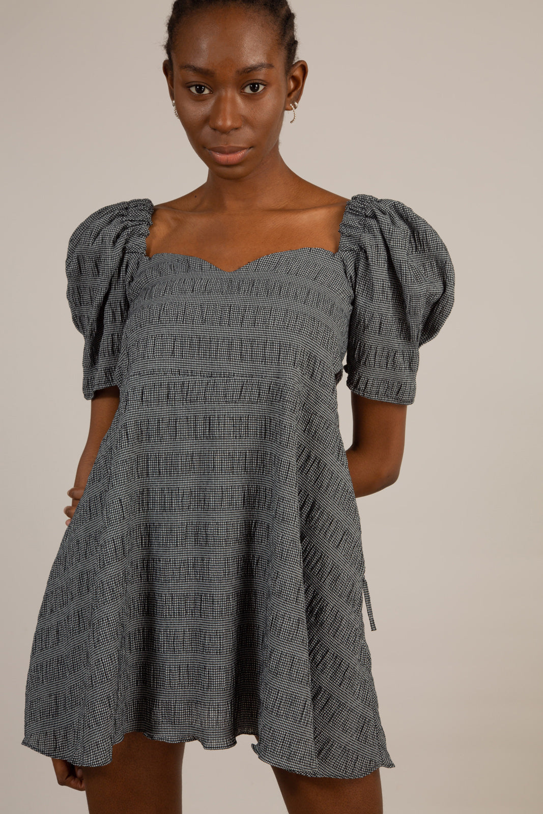 Black and white textured off shoulder mini dress_1