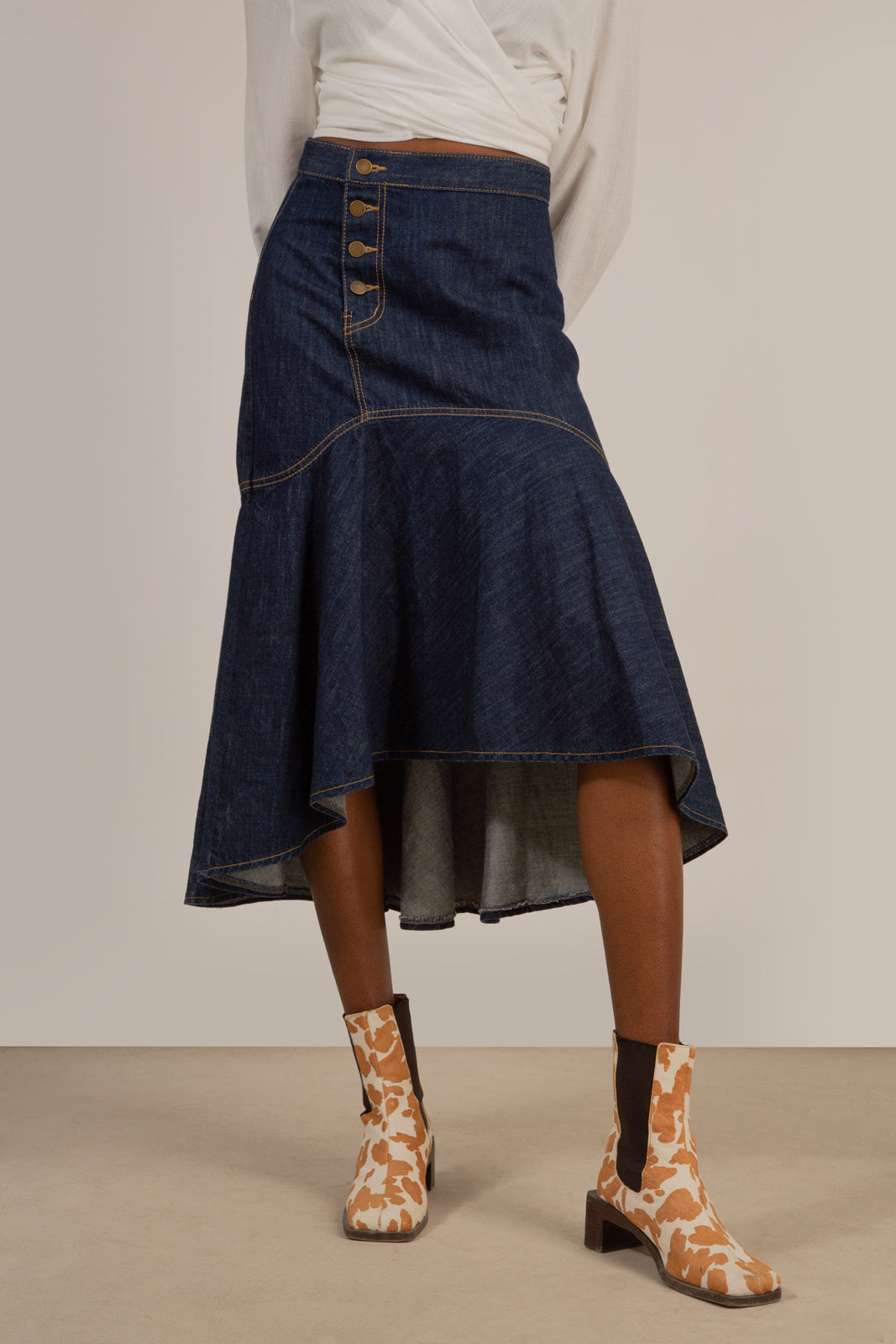 Dark blue large ruffle hi-low hem denim skirt - 807_4
