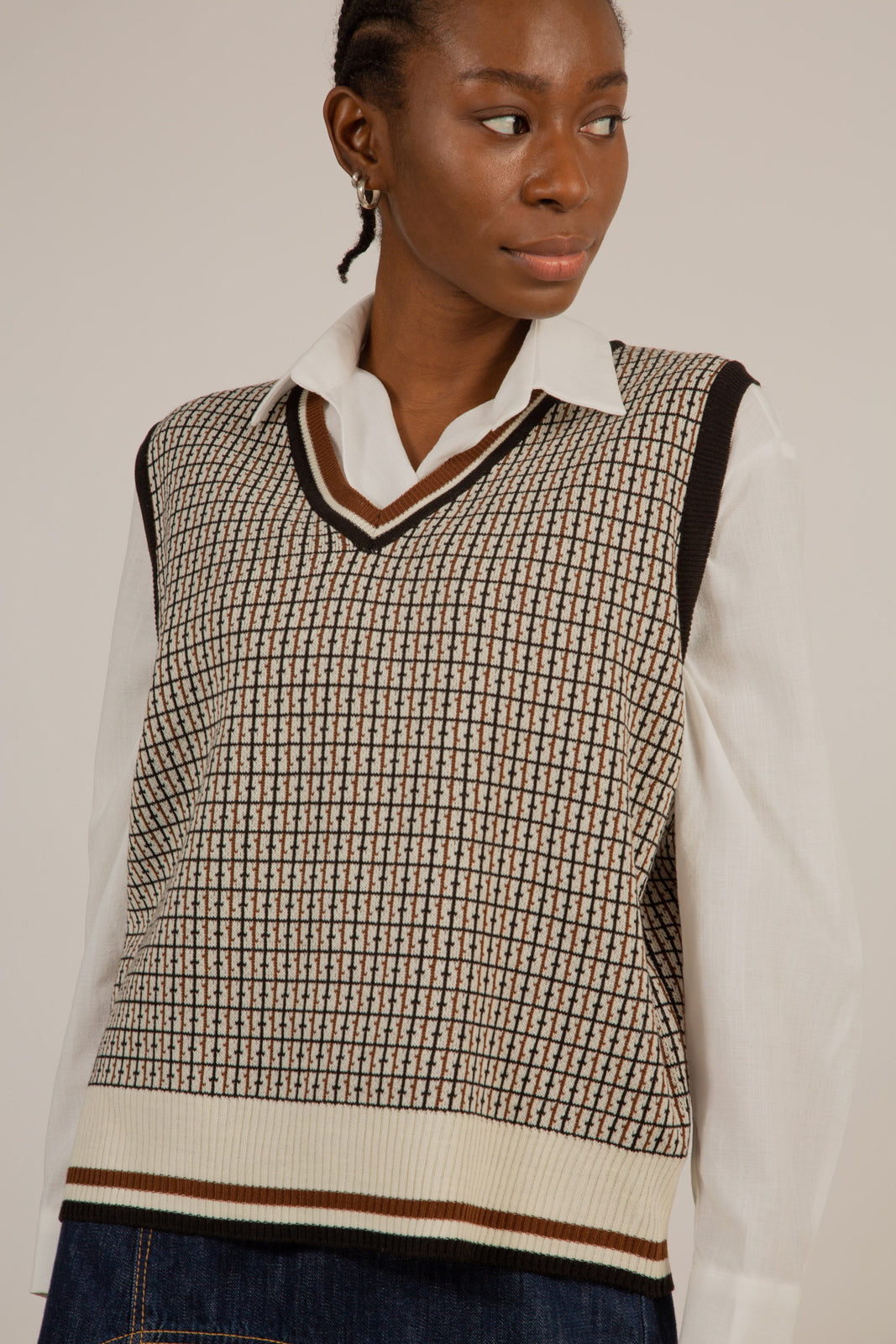 Brown and ivory graphic V neck sweater vest_1