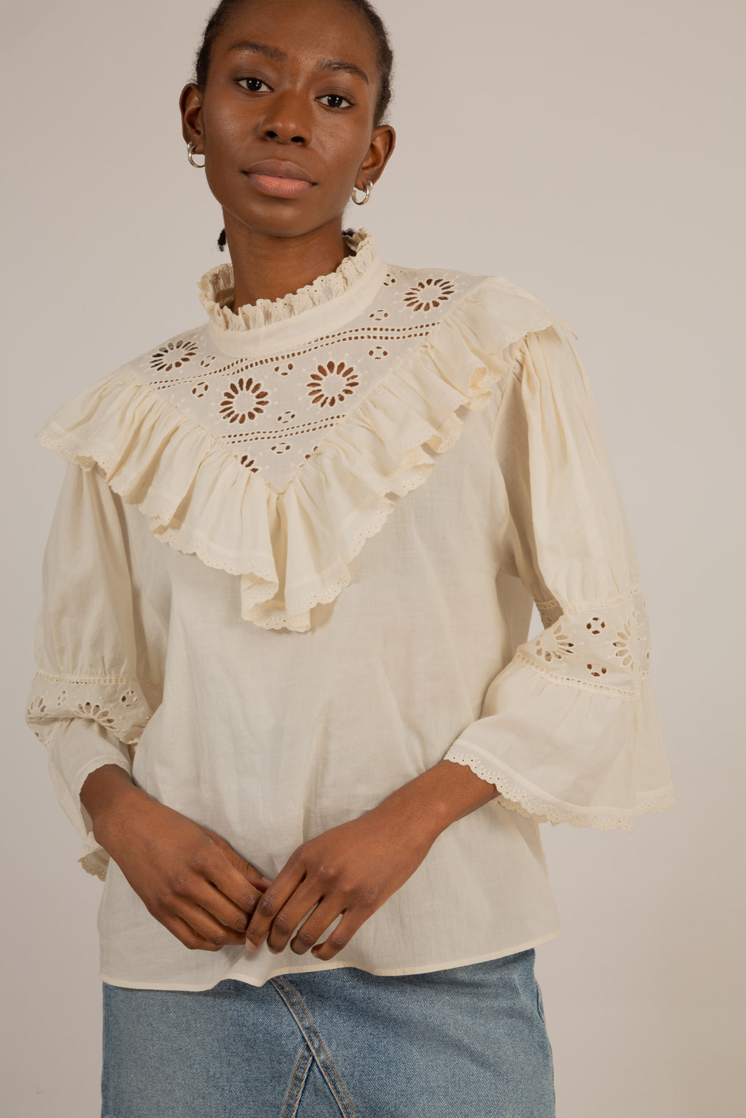 Cream high neck eyelet blouse_1