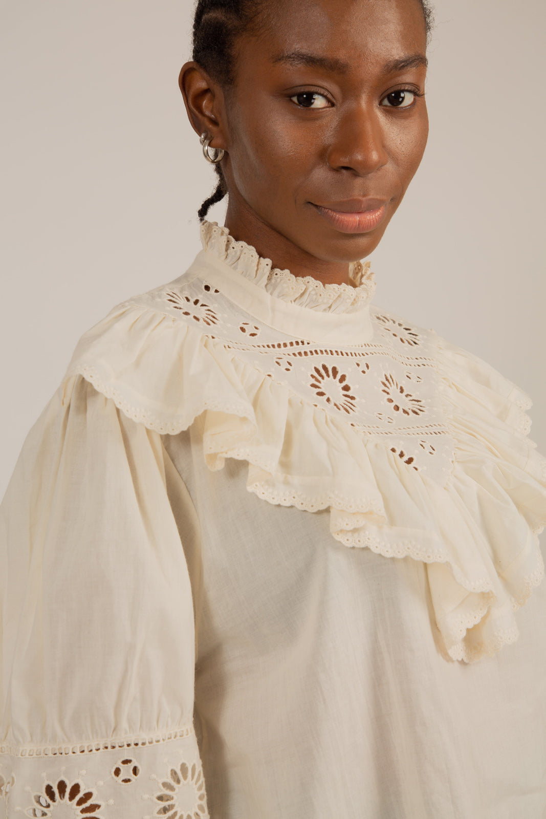 Cream high neck eyelet blouse_2