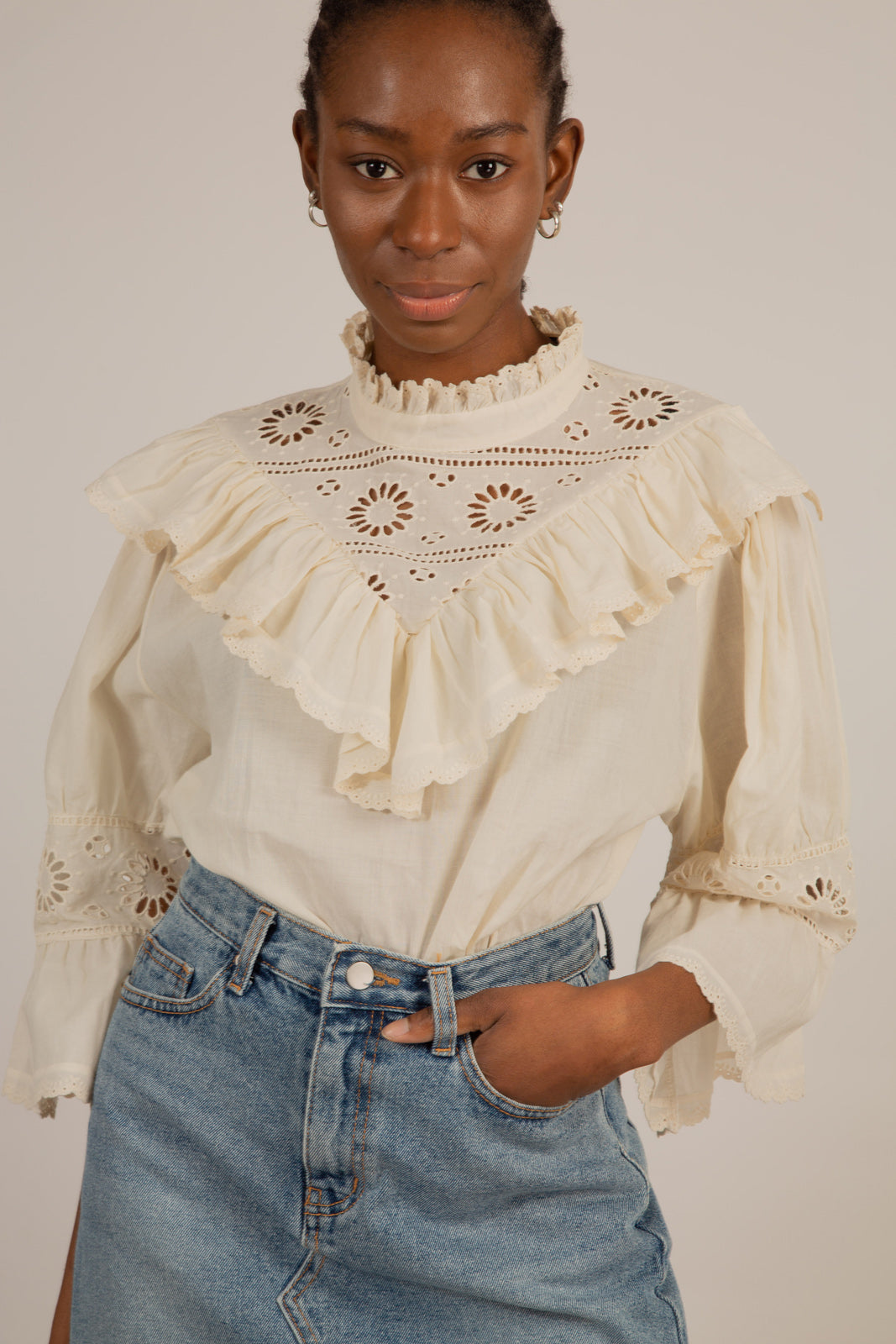 Cream high neck eyelet blouse_6