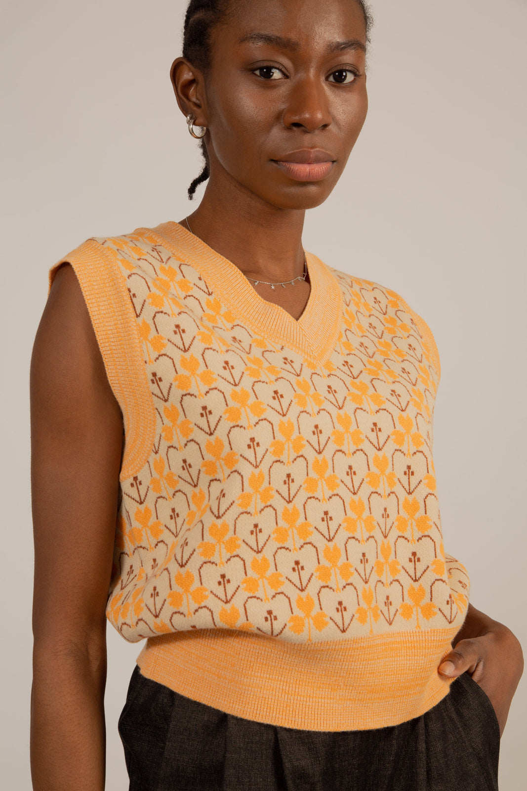 Orange and brown mod floral sweater vest_1