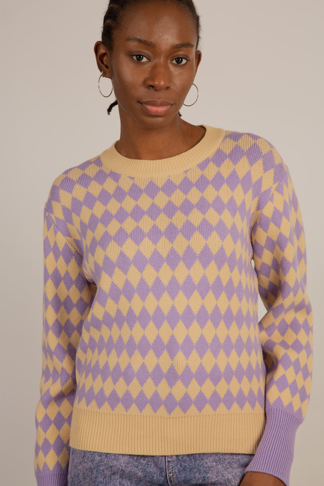 Purple and beige diamond contrast hem jumper_1