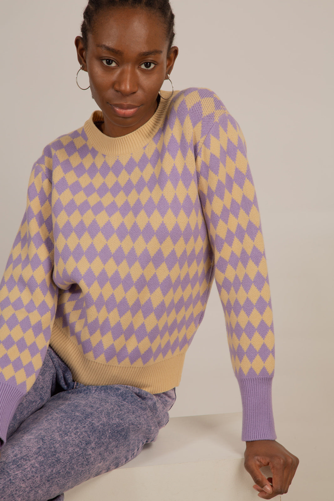 Purple and beige diamond contrast hem jumper_7