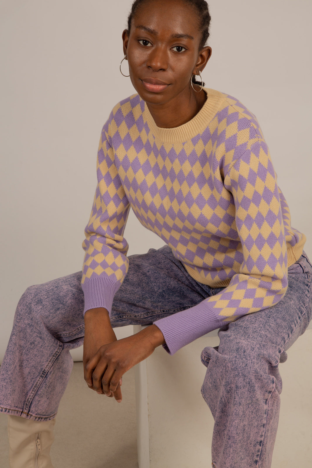 Purple and beige diamond contrast hem jumper_2