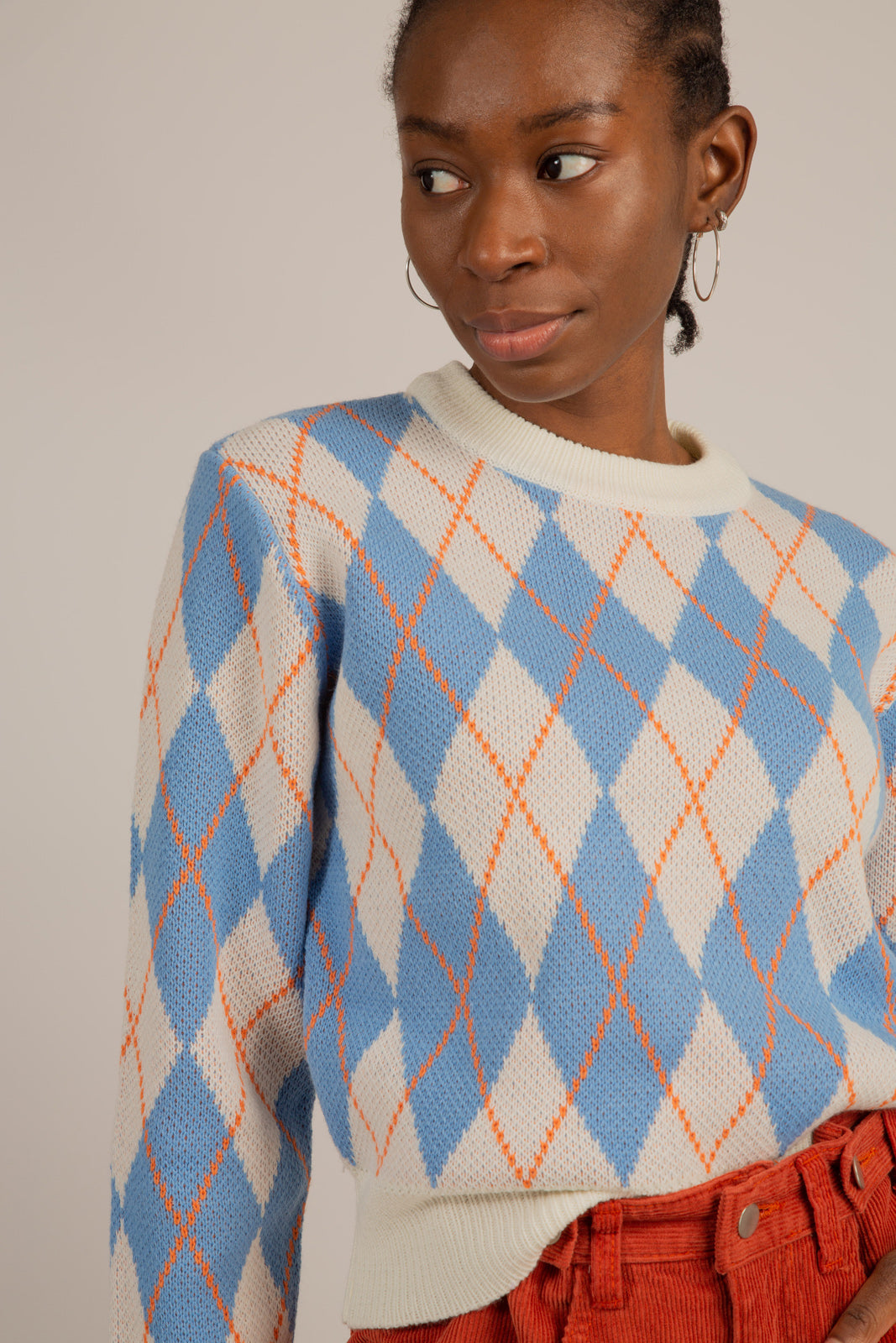 White blue and orange argyle jumper_5