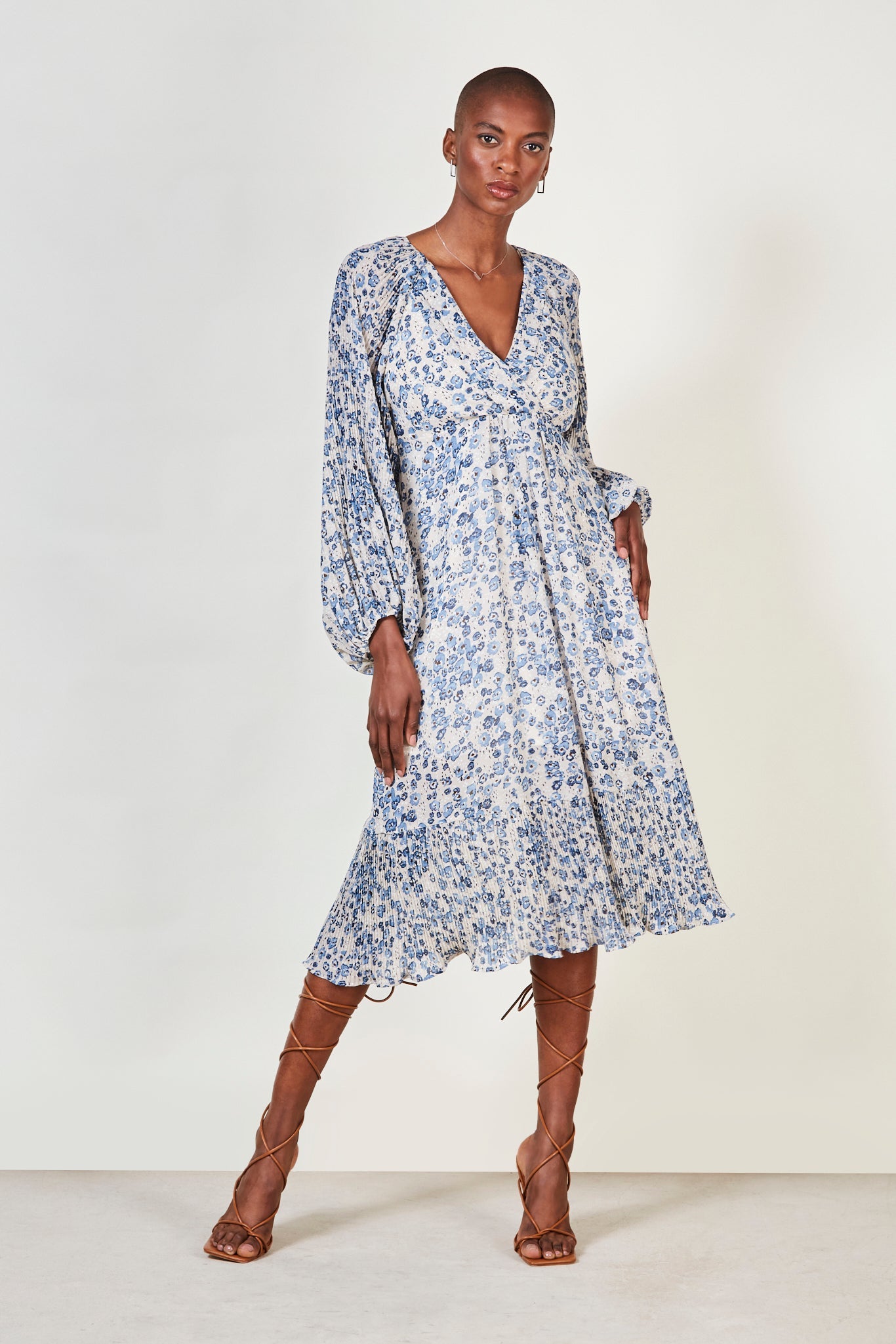 Ivory and blue floral print V neck dress_2