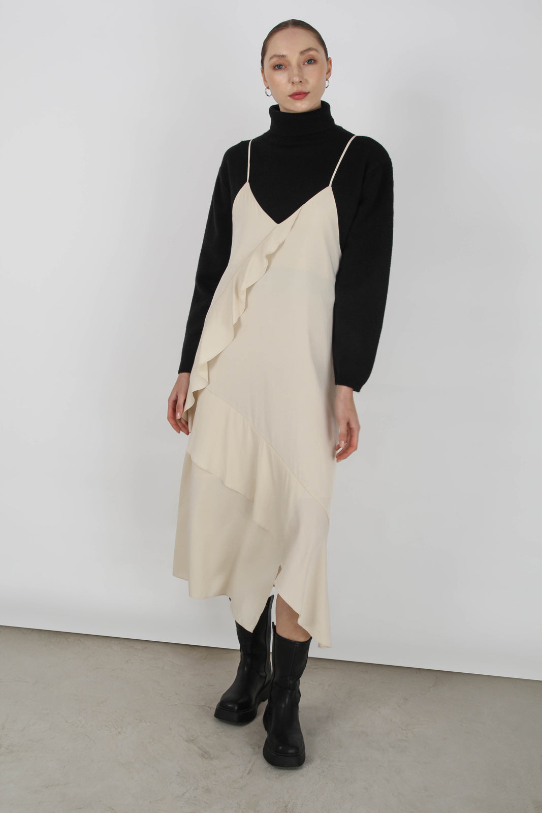 Beige thin strap asymmetric ruffle midi slip dress_10