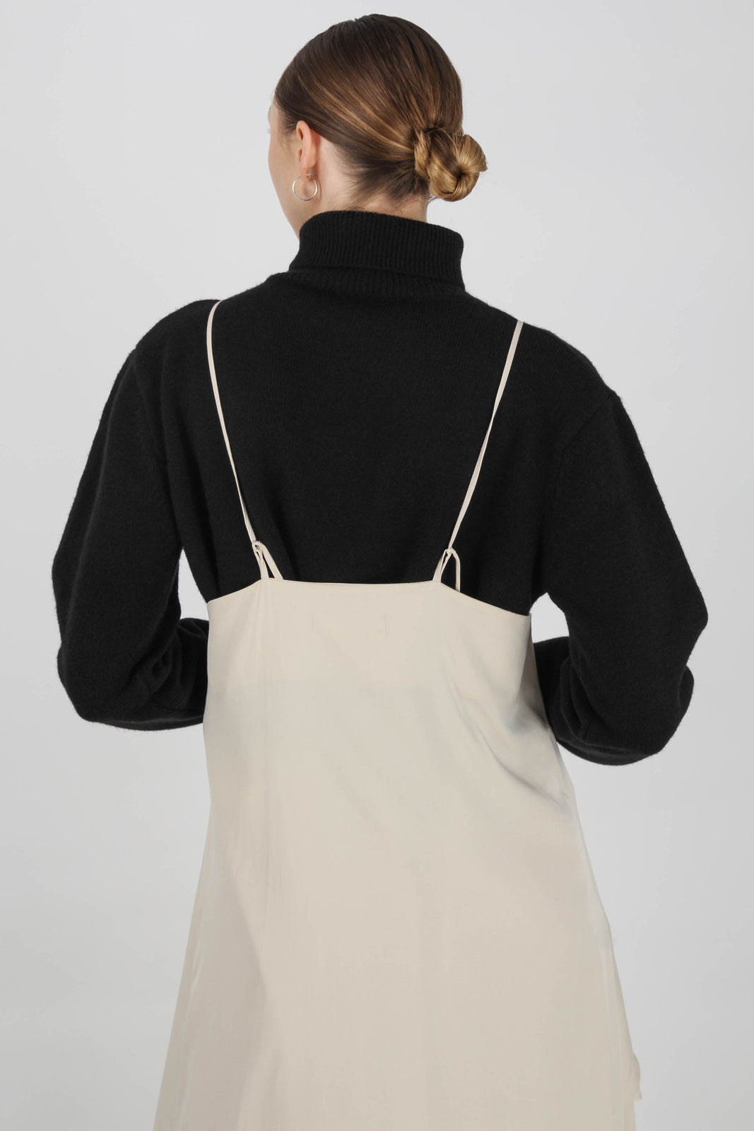 Beige thin strap asymmetric ruffle midi slip dress_14