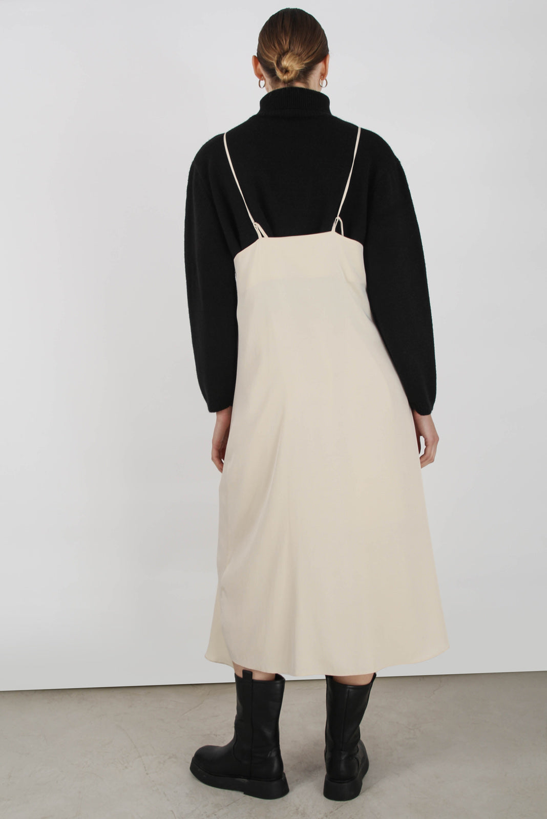 Beige thin strap asymmetric ruffle midi slip dress_11