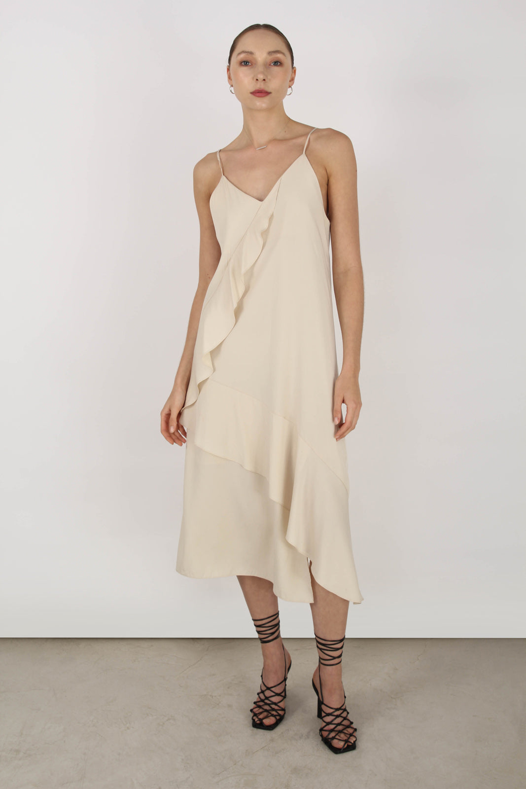 Beige thin strap asymmetric ruffle midi slip dress_5