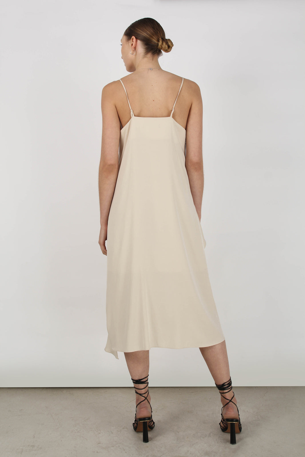 Beige thin strap asymmetric ruffle midi slip dress_7