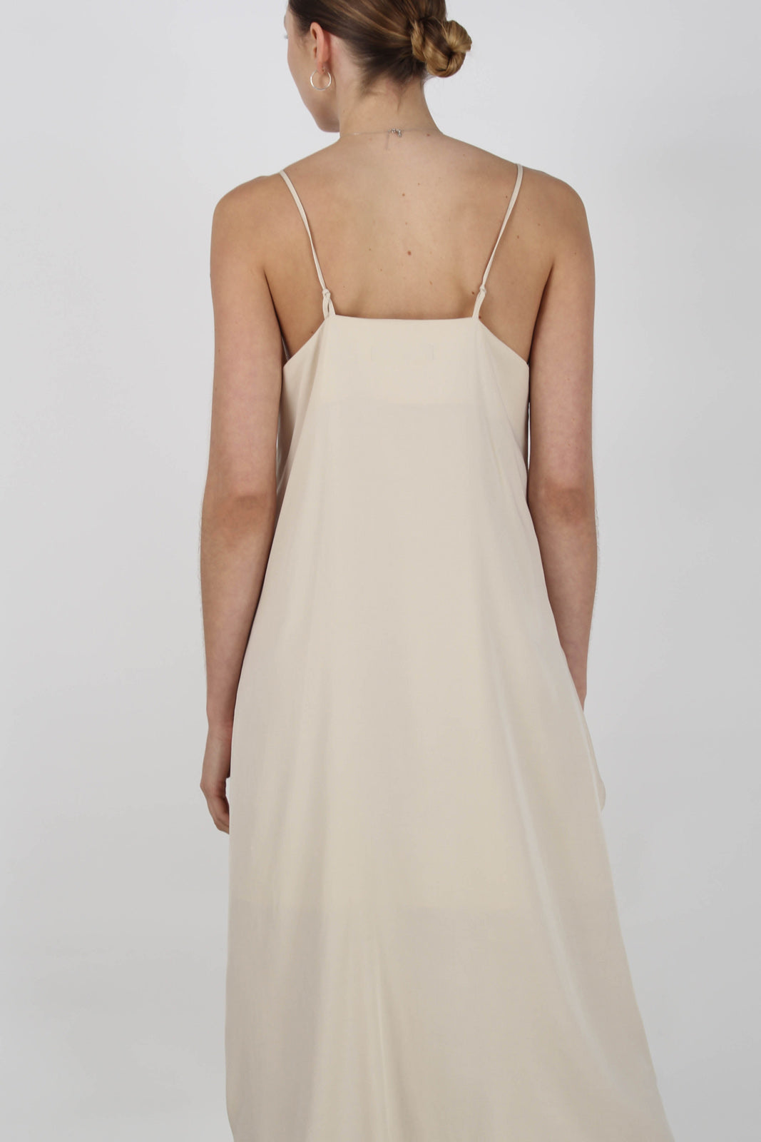 Beige thin strap asymmetric ruffle midi slip dress_6