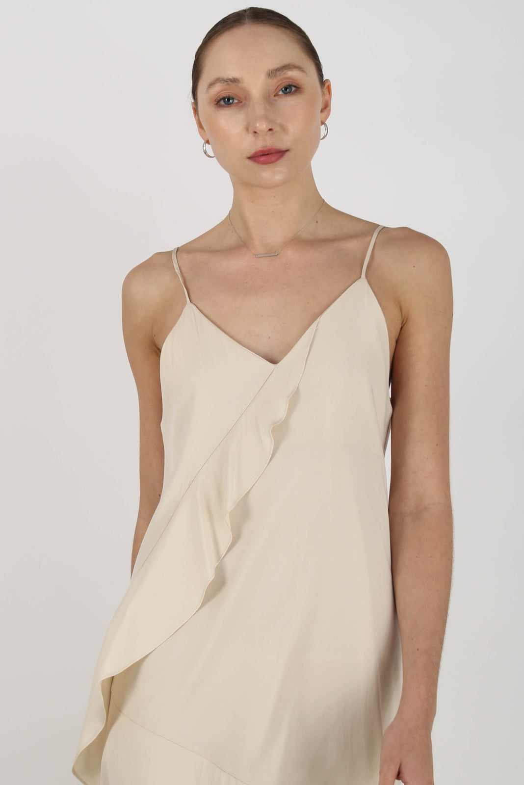 Beige thin strap asymmetric ruffle midi slip dress_9