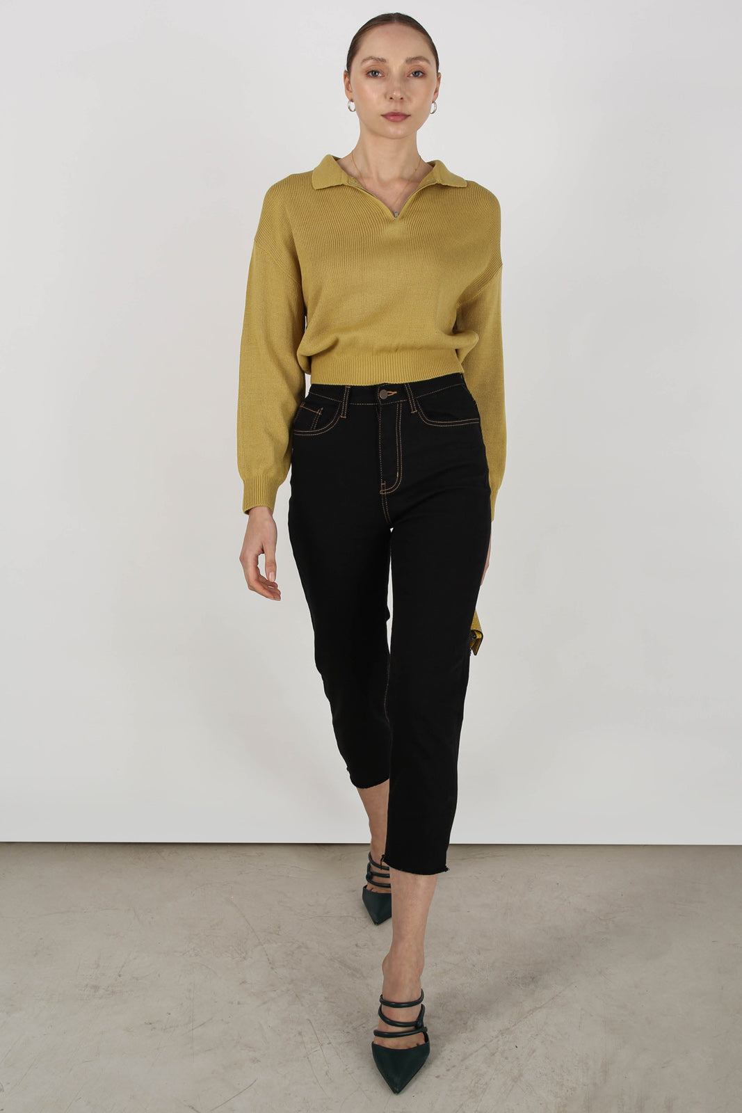 Mustard zip polo knit top_2