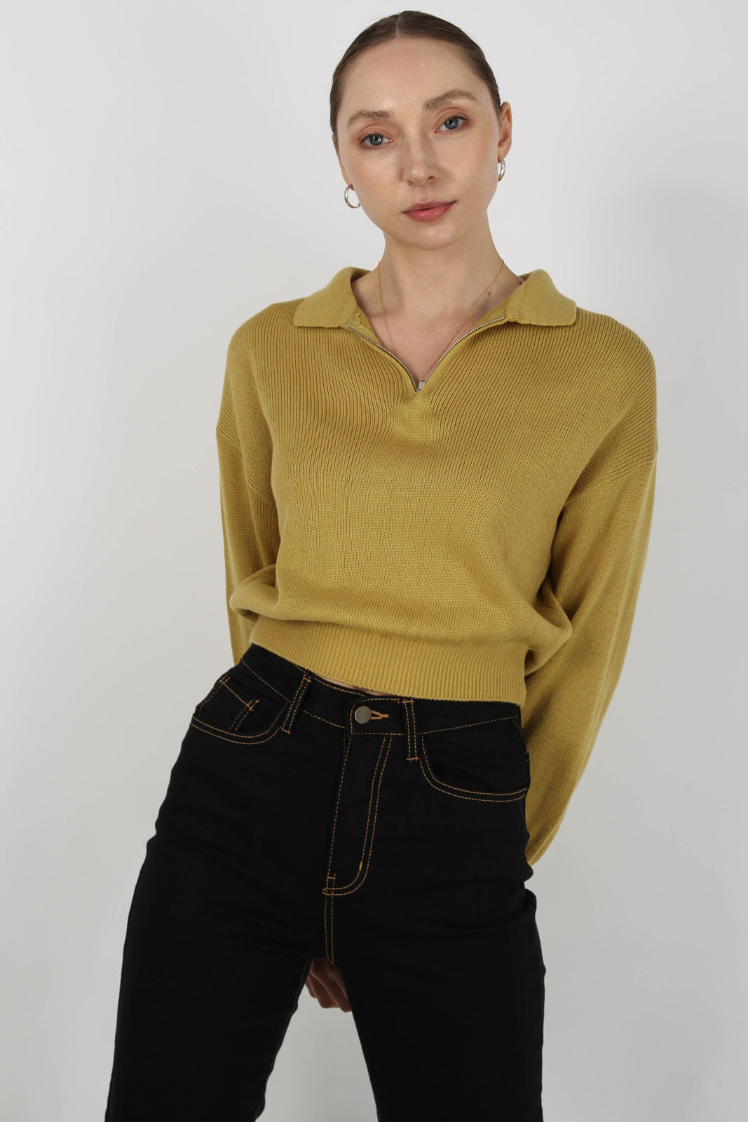 Mustard zip polo knit top_1