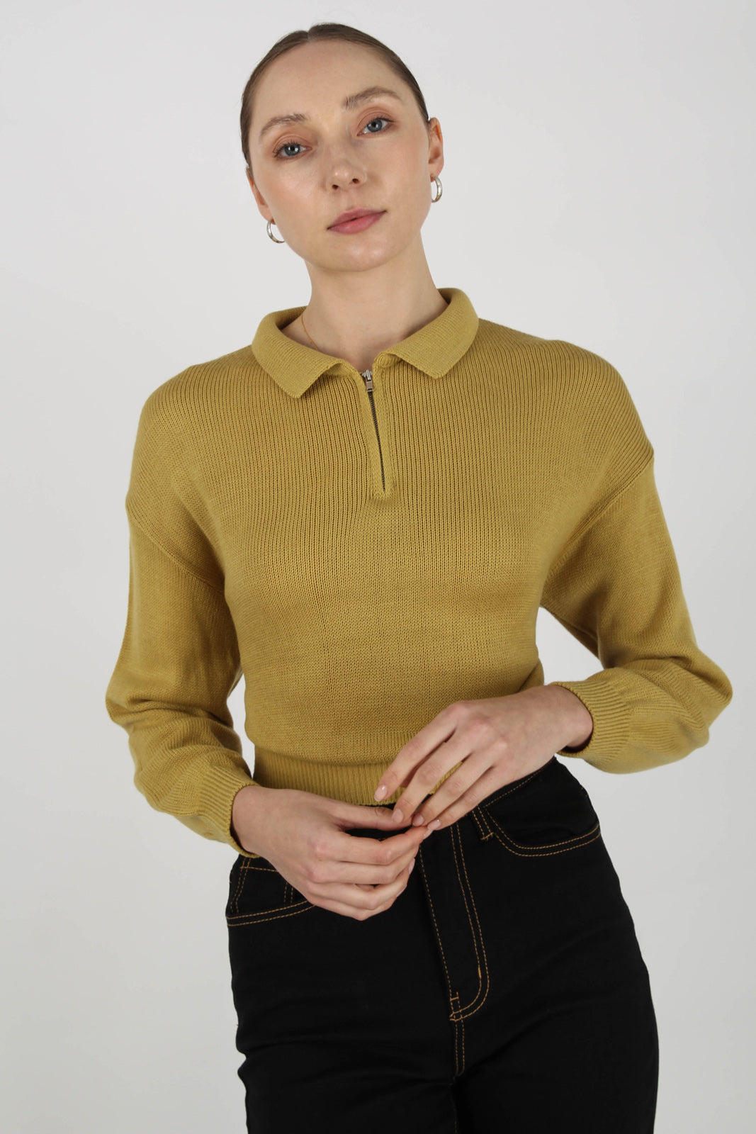 Mustard zip polo knit top_5