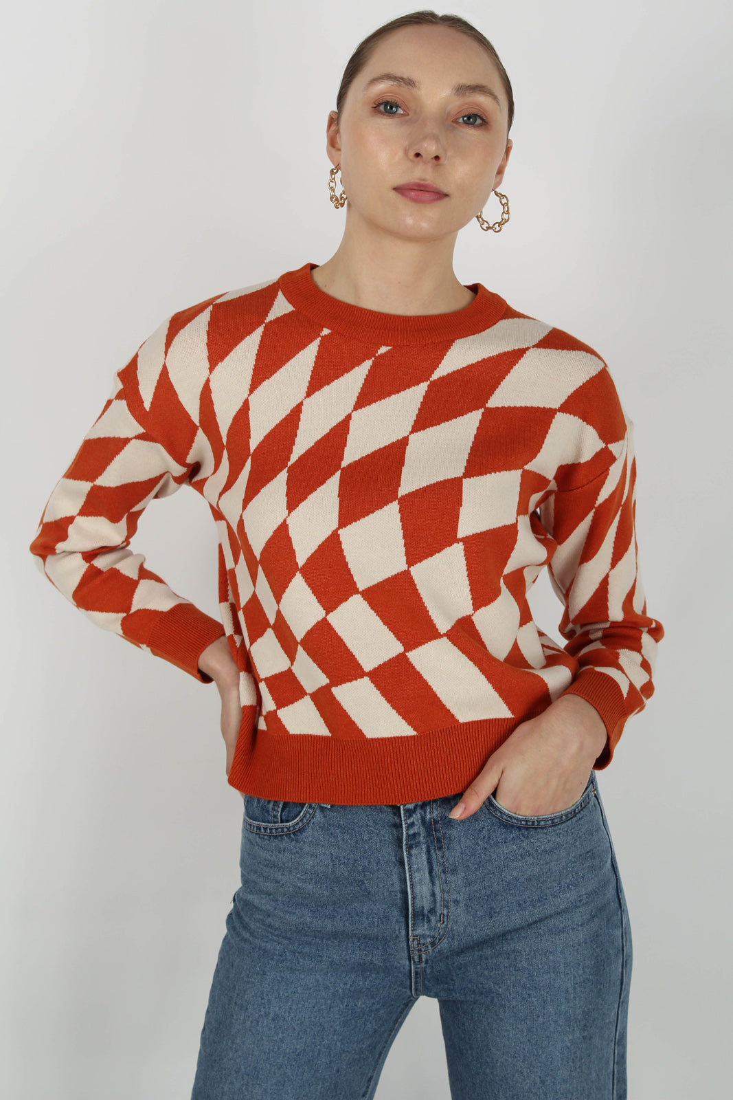 Rust orange and ivory psychedelic intarsia jumper_1