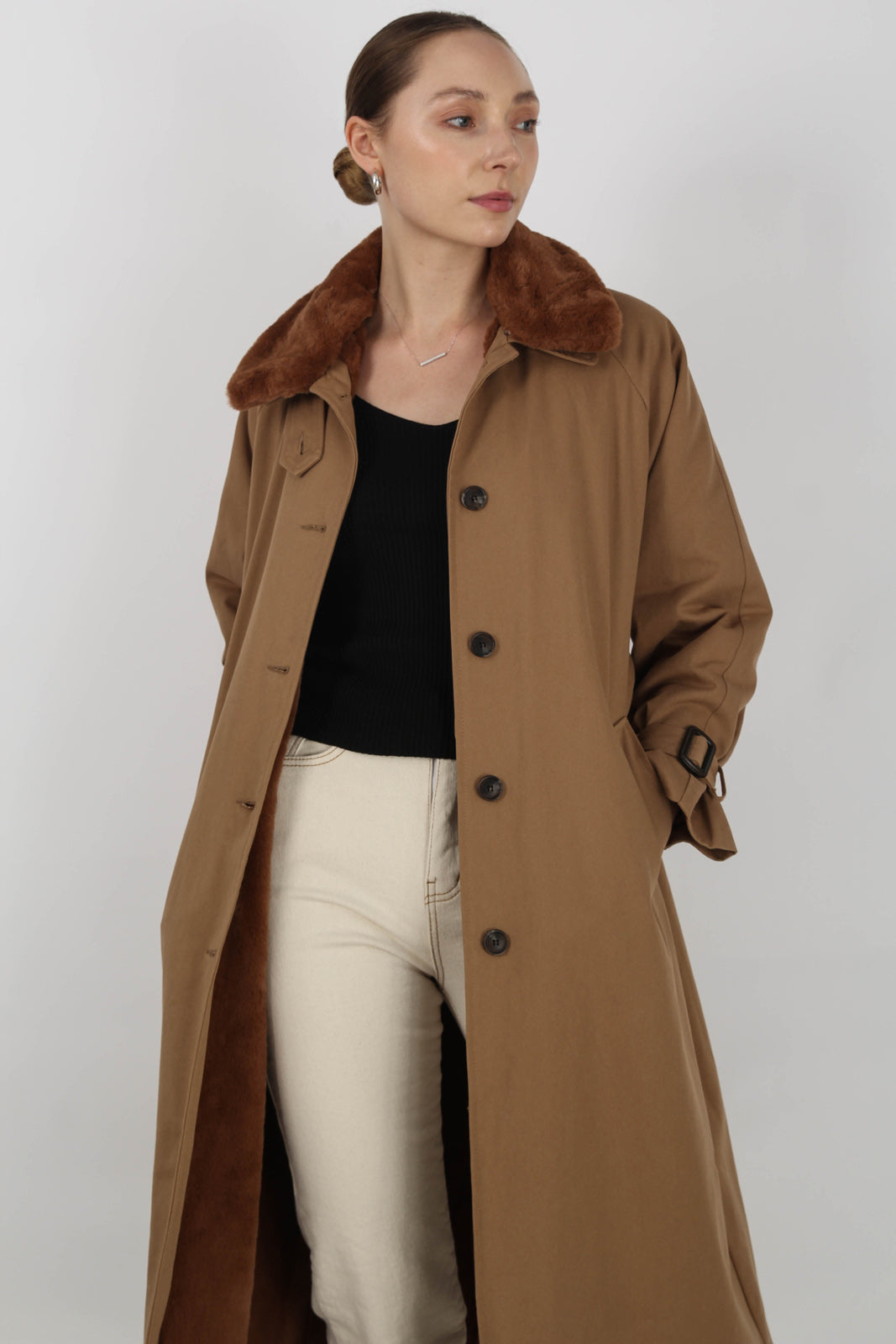 Brown faux fur collar lined trench coat_2