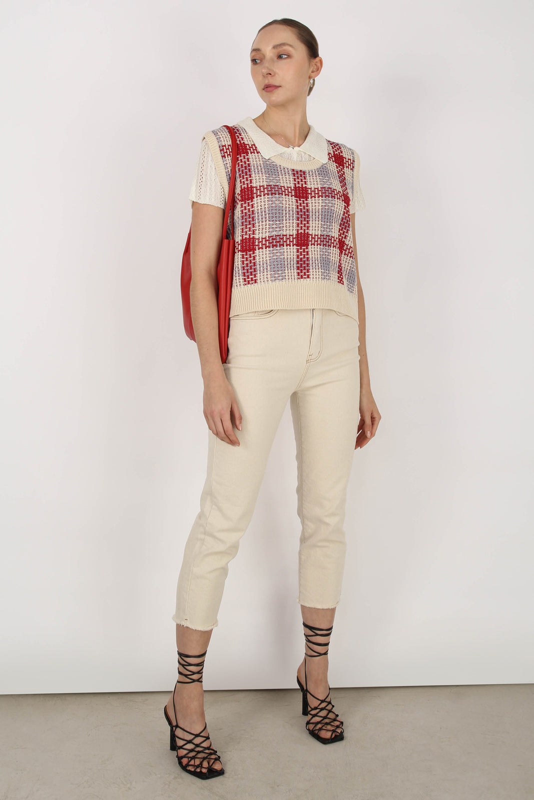 Ivory and red cross check sweater vest_3