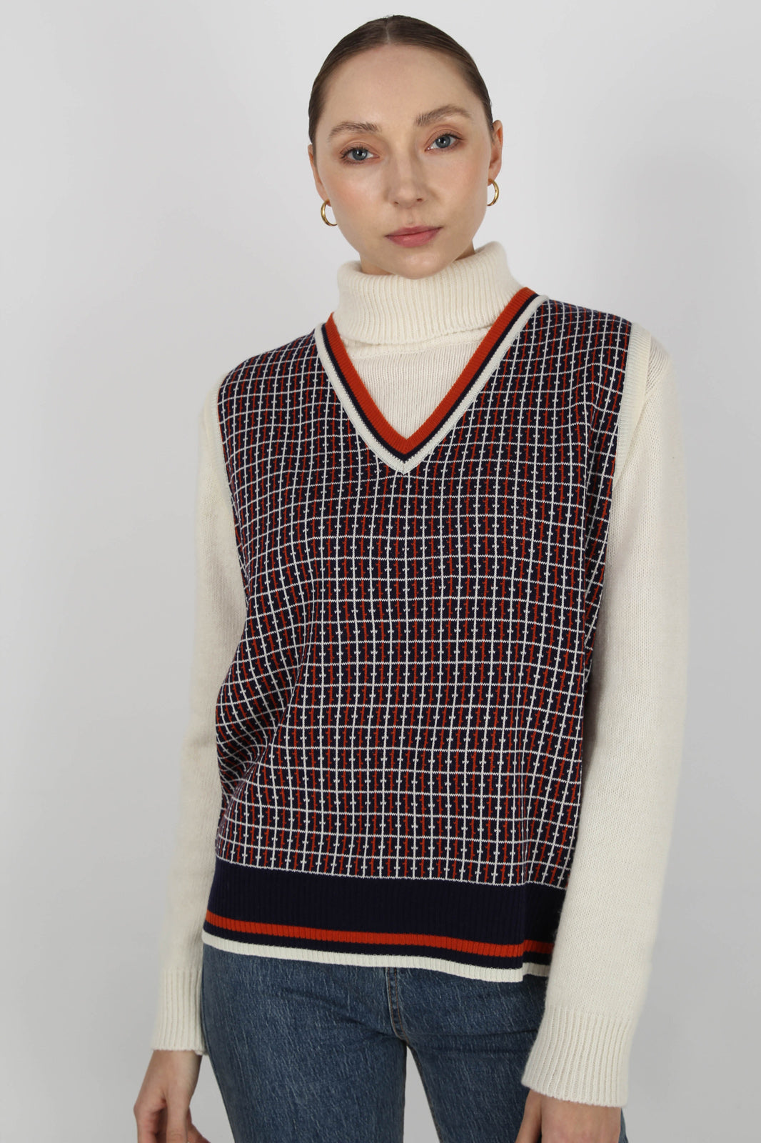 Navy and orange graphic V neck sweater vest_1