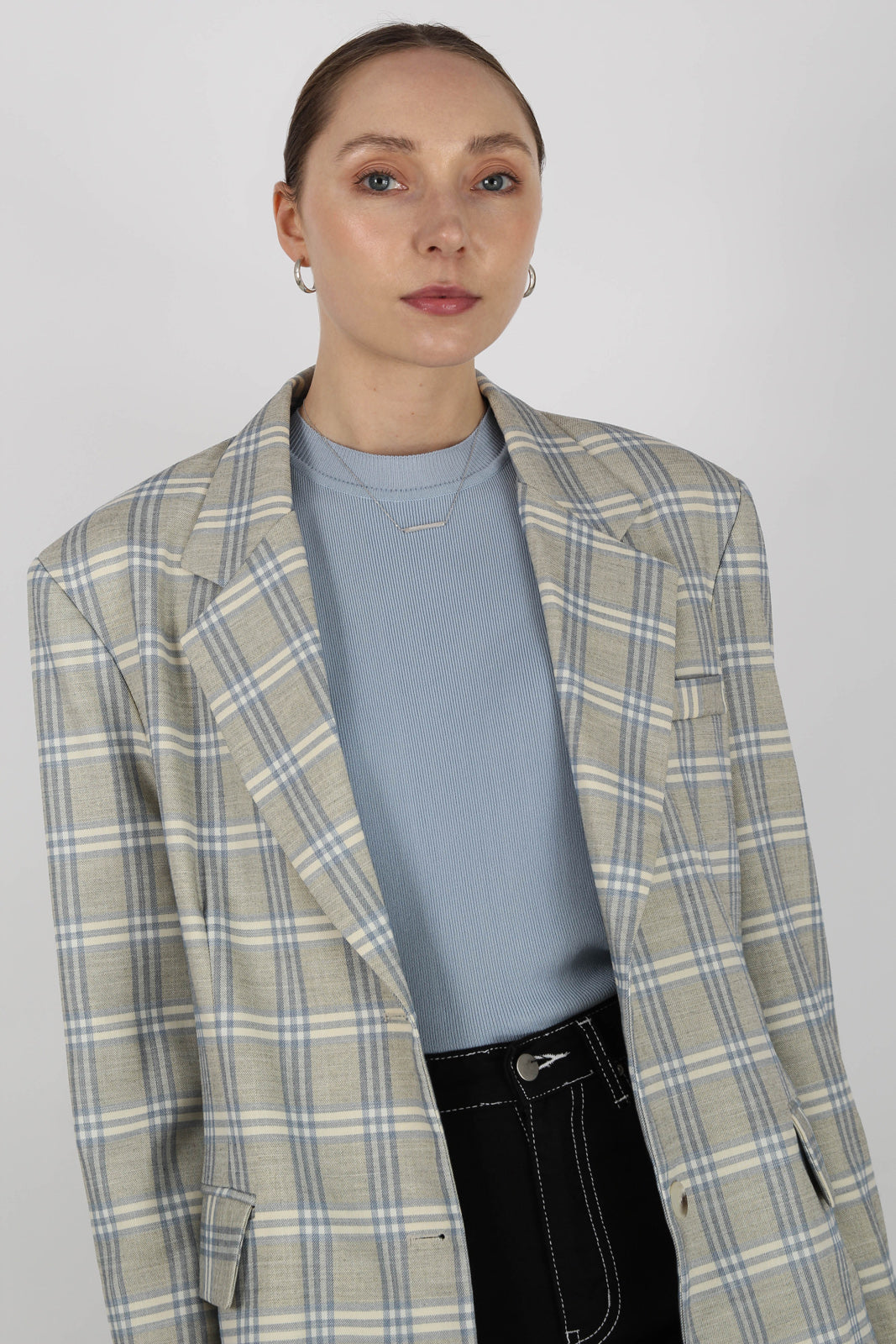 Beige and blue single breasted checked blazer_6