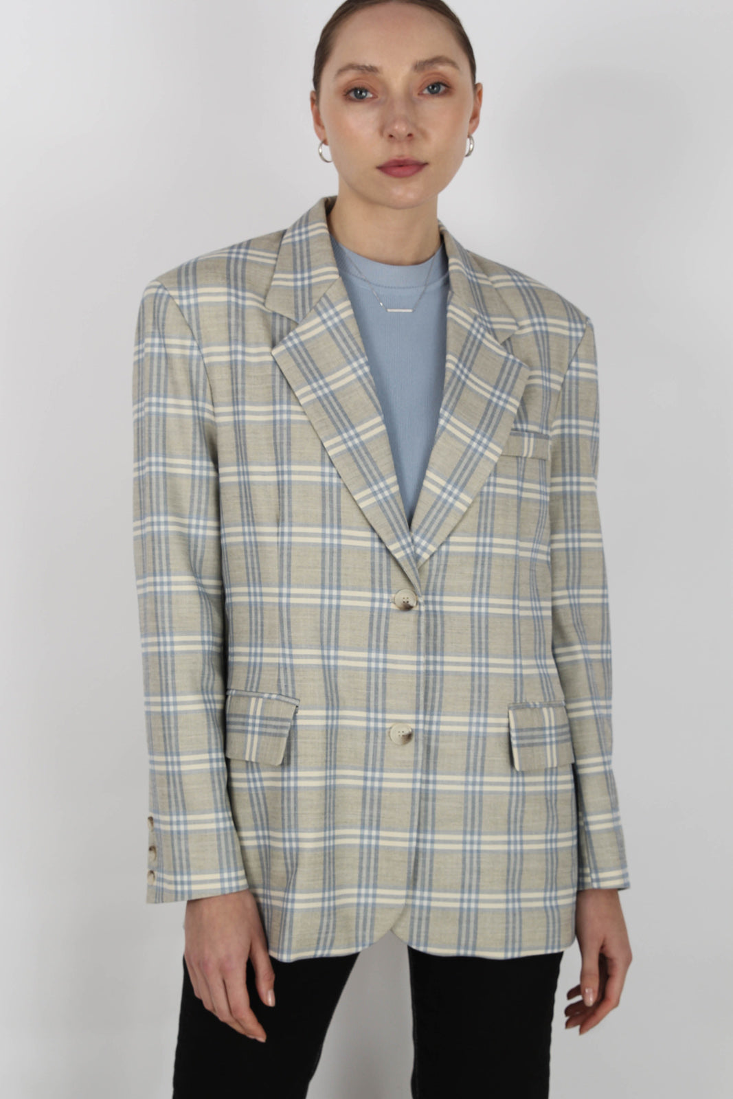 Beige and blue single breasted checked blazer_4