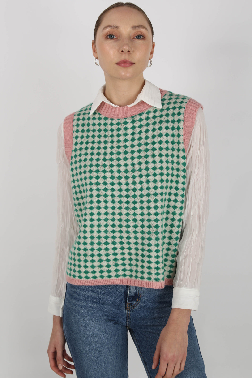 Pink and mint intarsia diamond sweater vest_7
