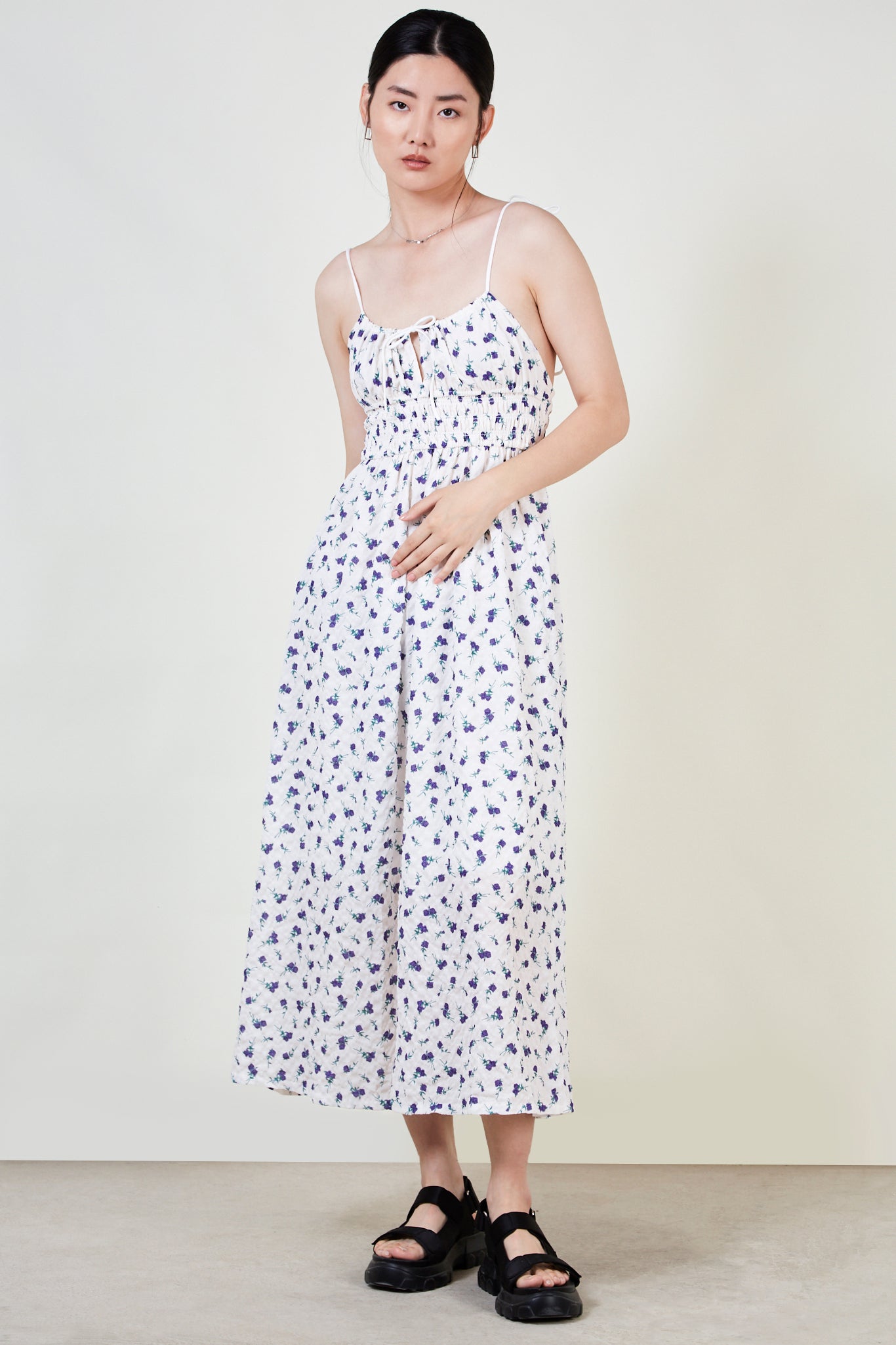 Ivory floral print tie strap dress_2