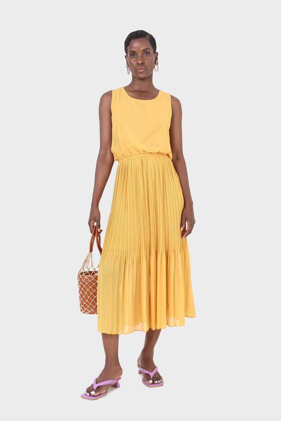 Mustard silky micro pleat maxi dress_1