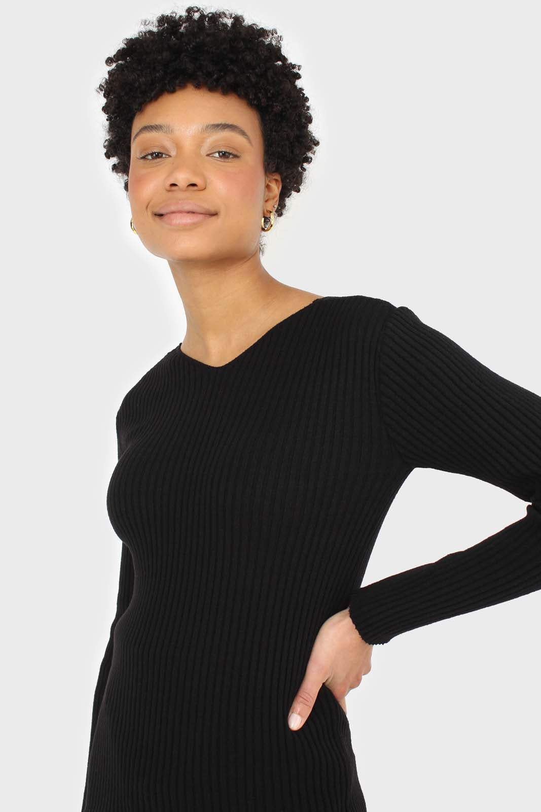 Black ribbed double V fitted knit top_1