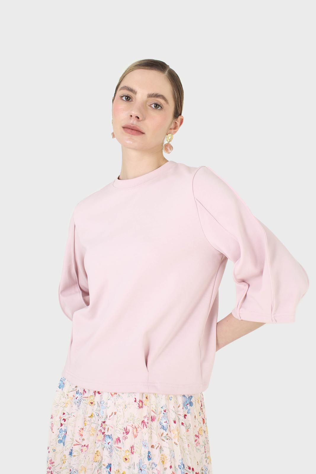 Pale pink sharp seamed 3/4 sleeve top_1