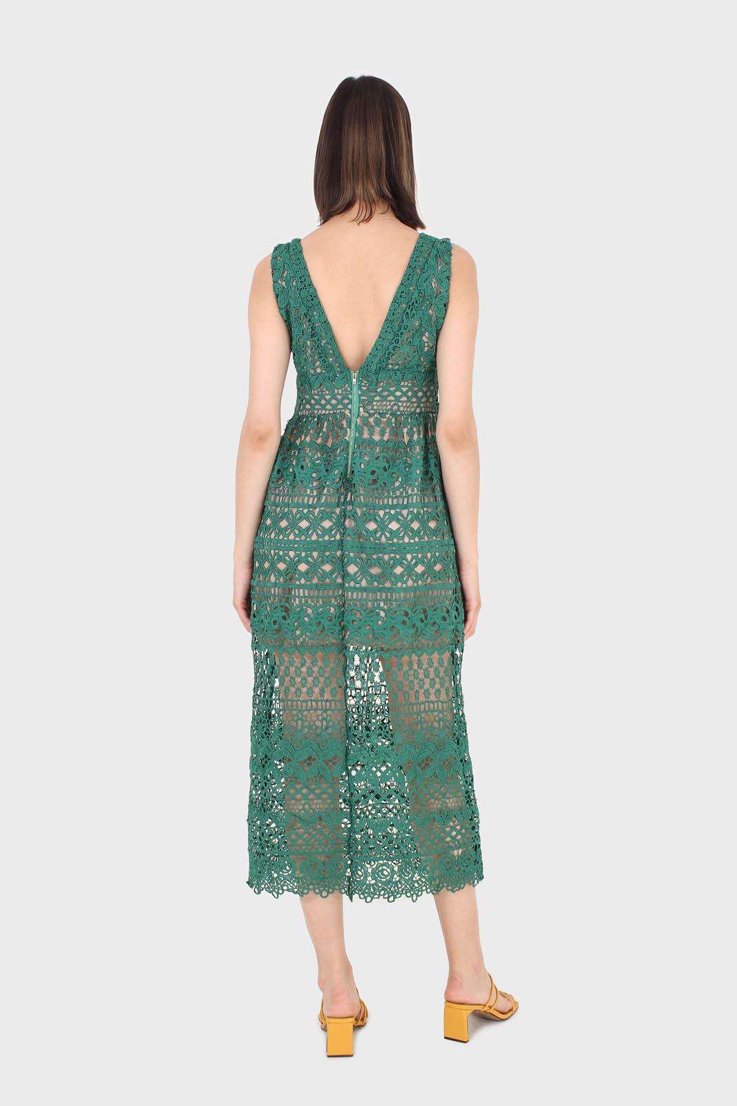 Green and nude deep V lace maxi dress_2