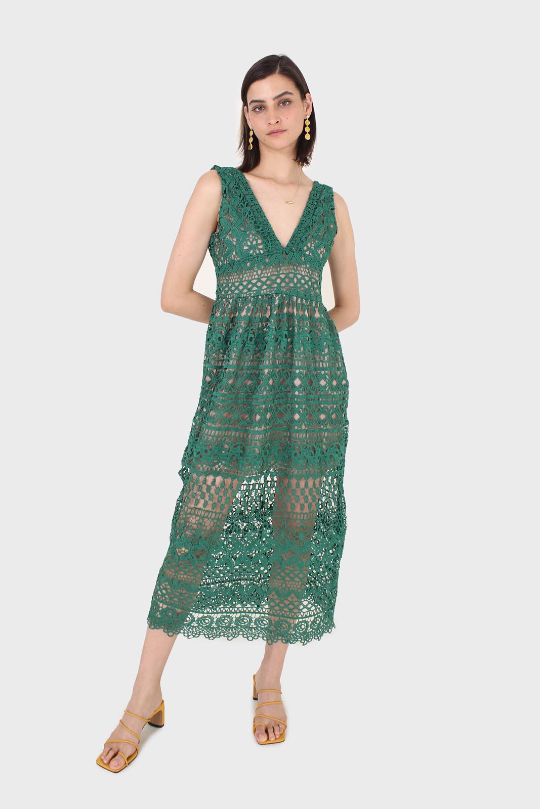 Green and nude deep V lace maxi dress_1