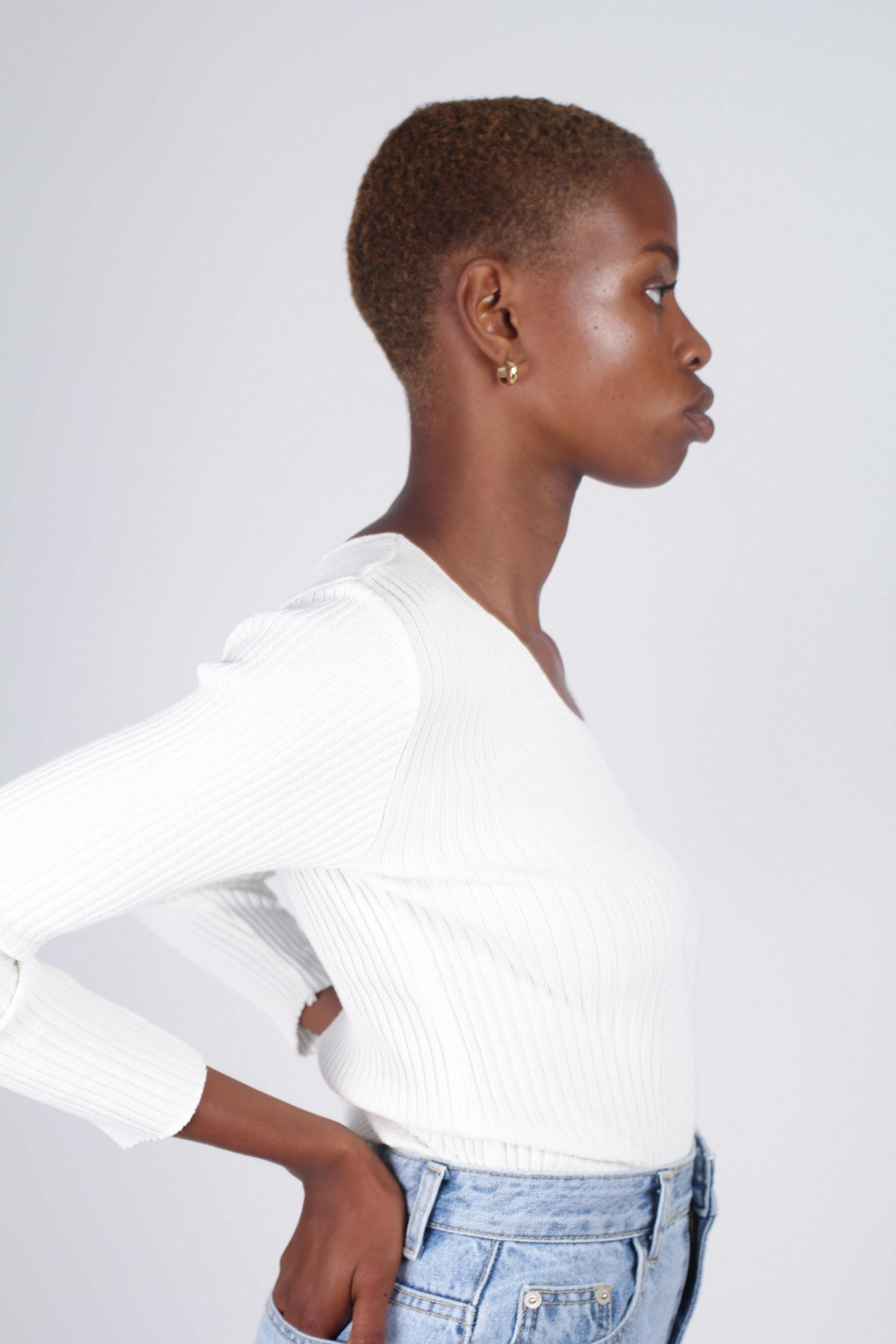 Ivory ribbed double V fitted knit top_2