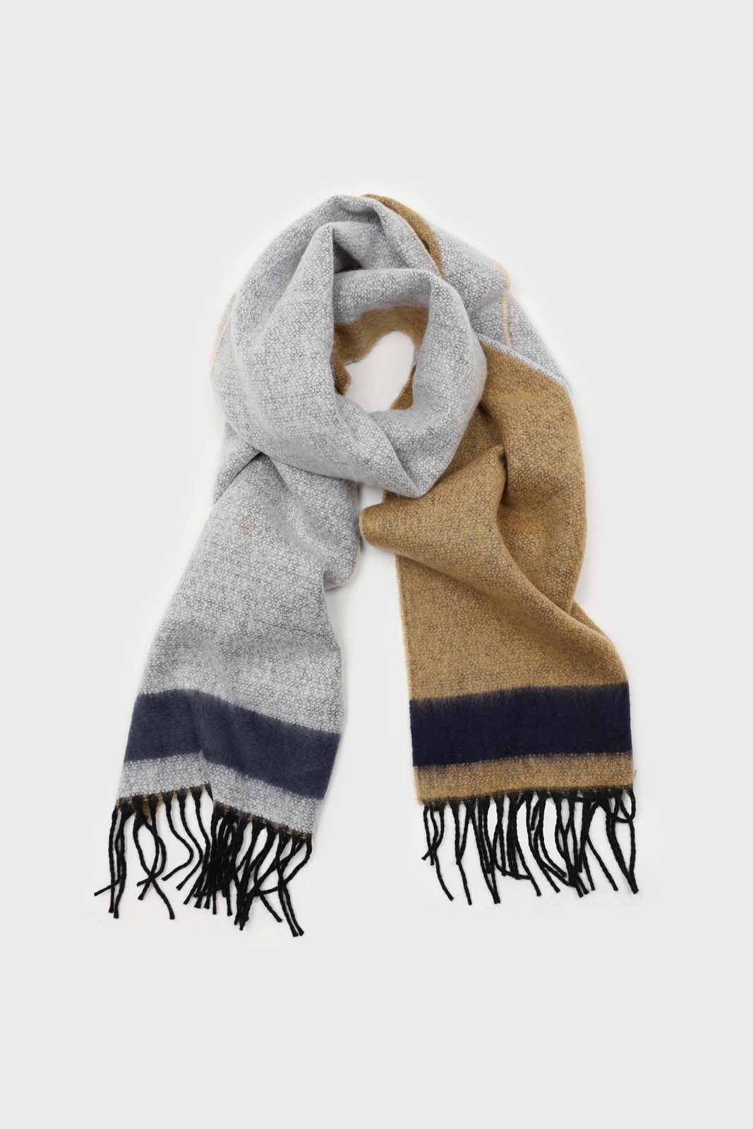 Mustard and charcoal contrast block fringe scarf_1