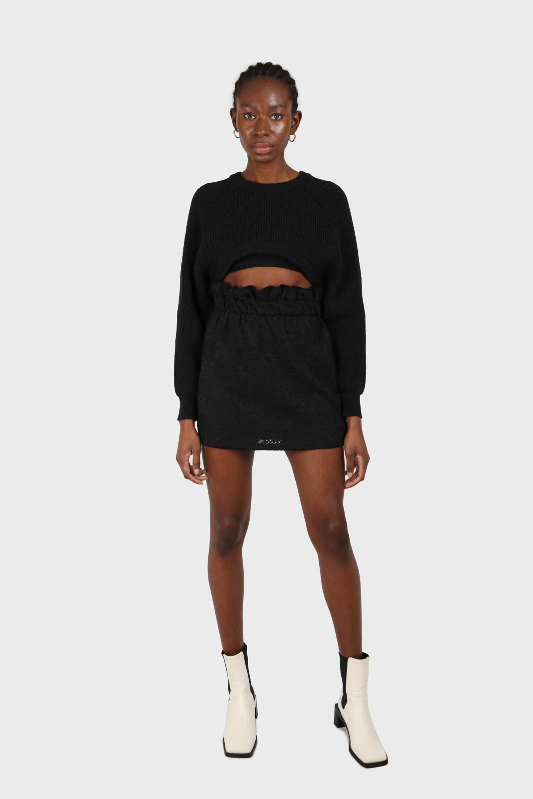 Black ruched waist eyelet mini skirt_1