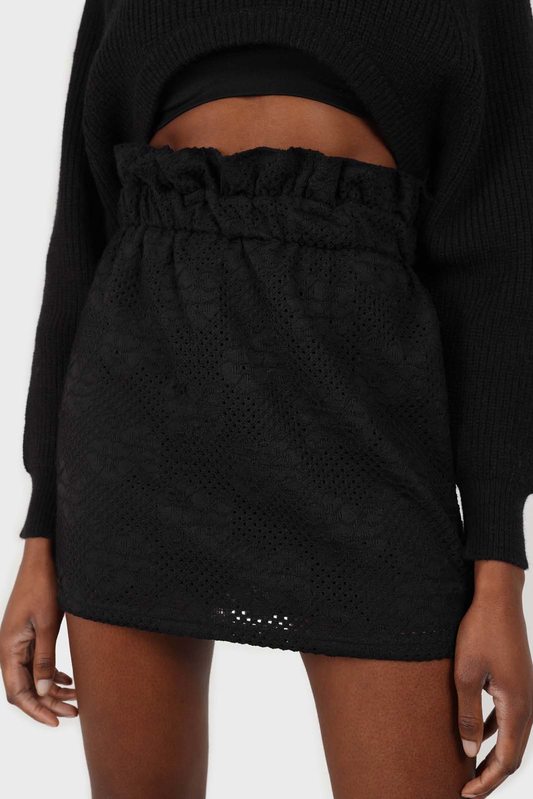 Black ruched waist eyelet mini skirt_2