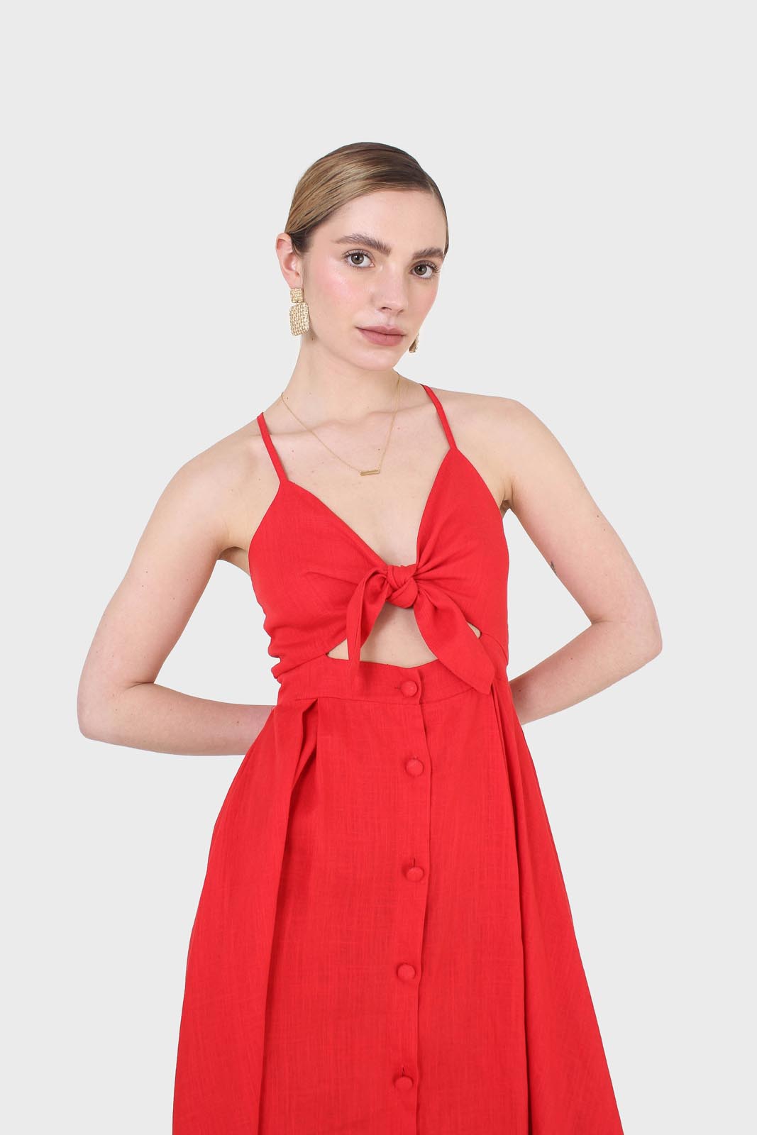 Bright red peek tie front linen dress_4