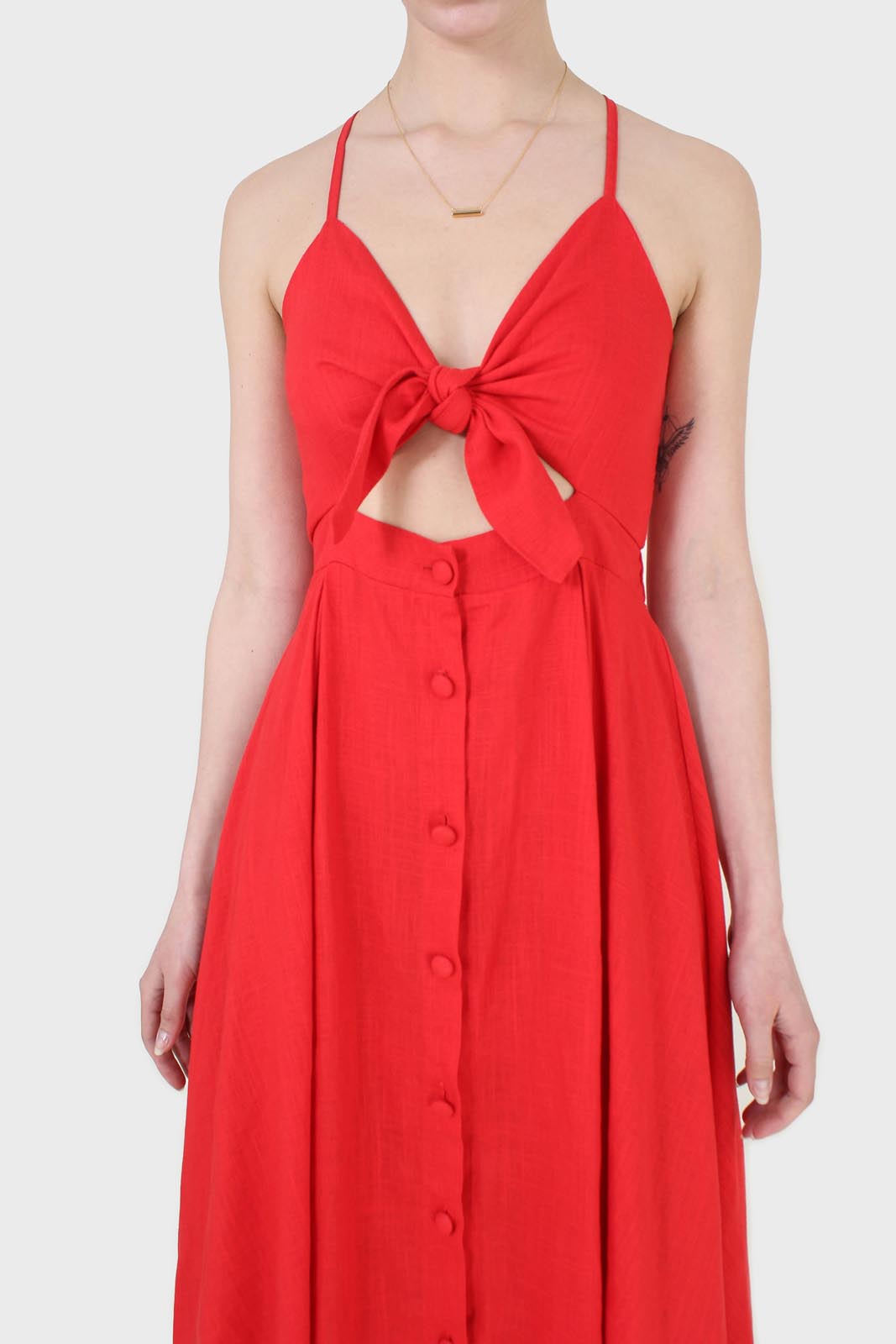 Bright red peek tie front linen dress_6