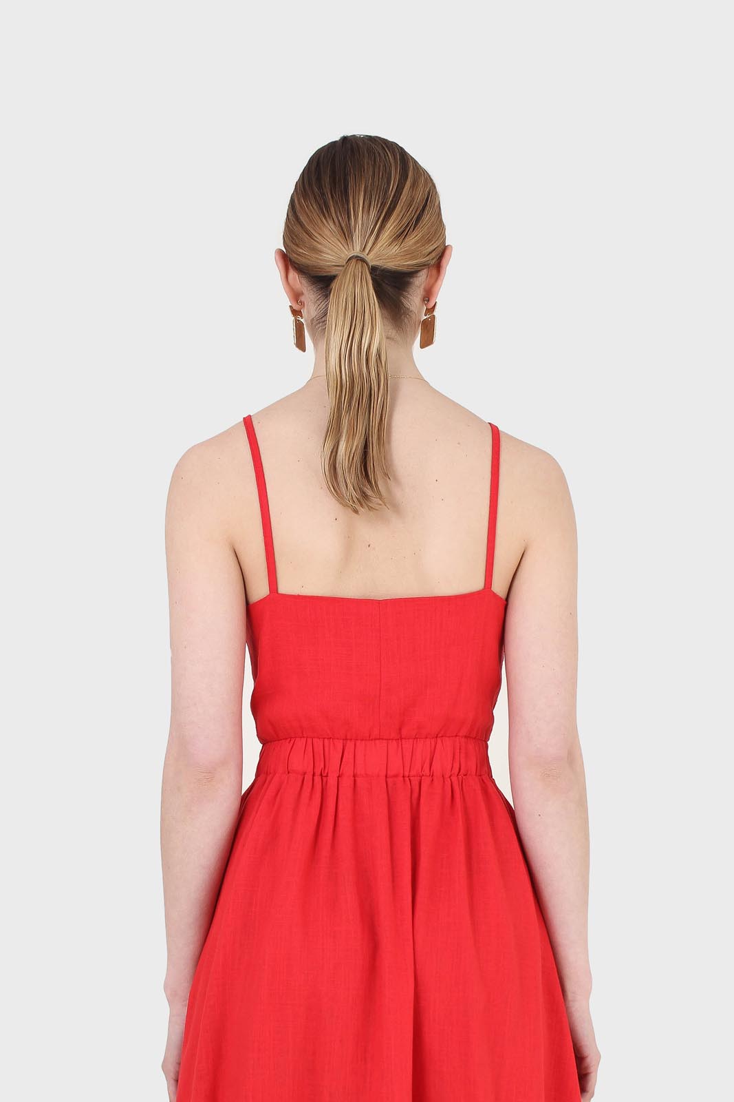 Bright red peek tie front linen dress_5