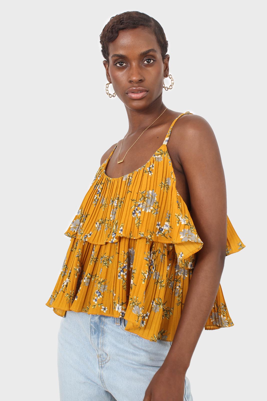 Rust orange and navy floral print off shoulder top_1